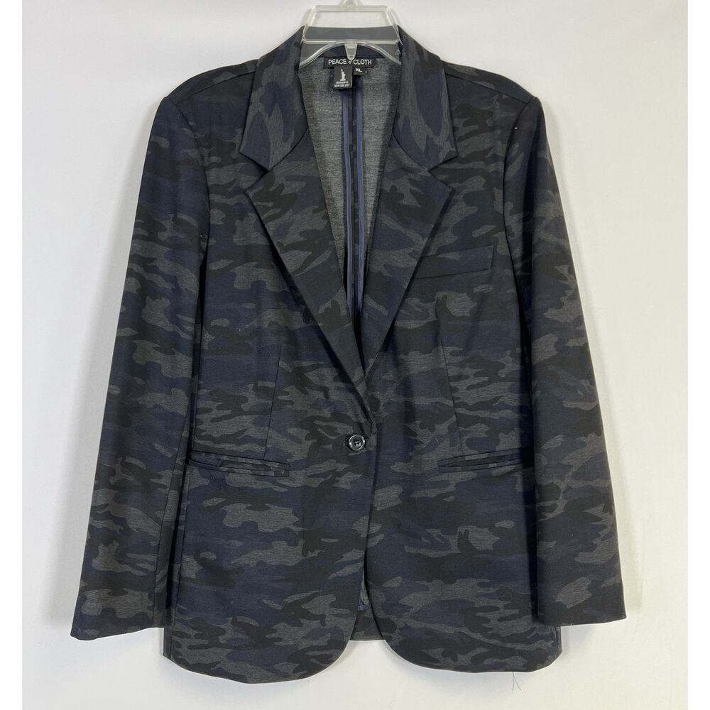 Peace of Cloth Blazer Womens XL Camo Gray Blue Single Button Stretch Tailored